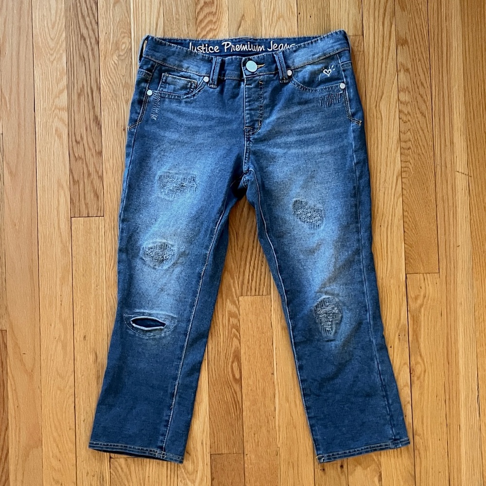 Justice Girls Plus 12 1/2 Blue Distressed Stretch Crop Jeans